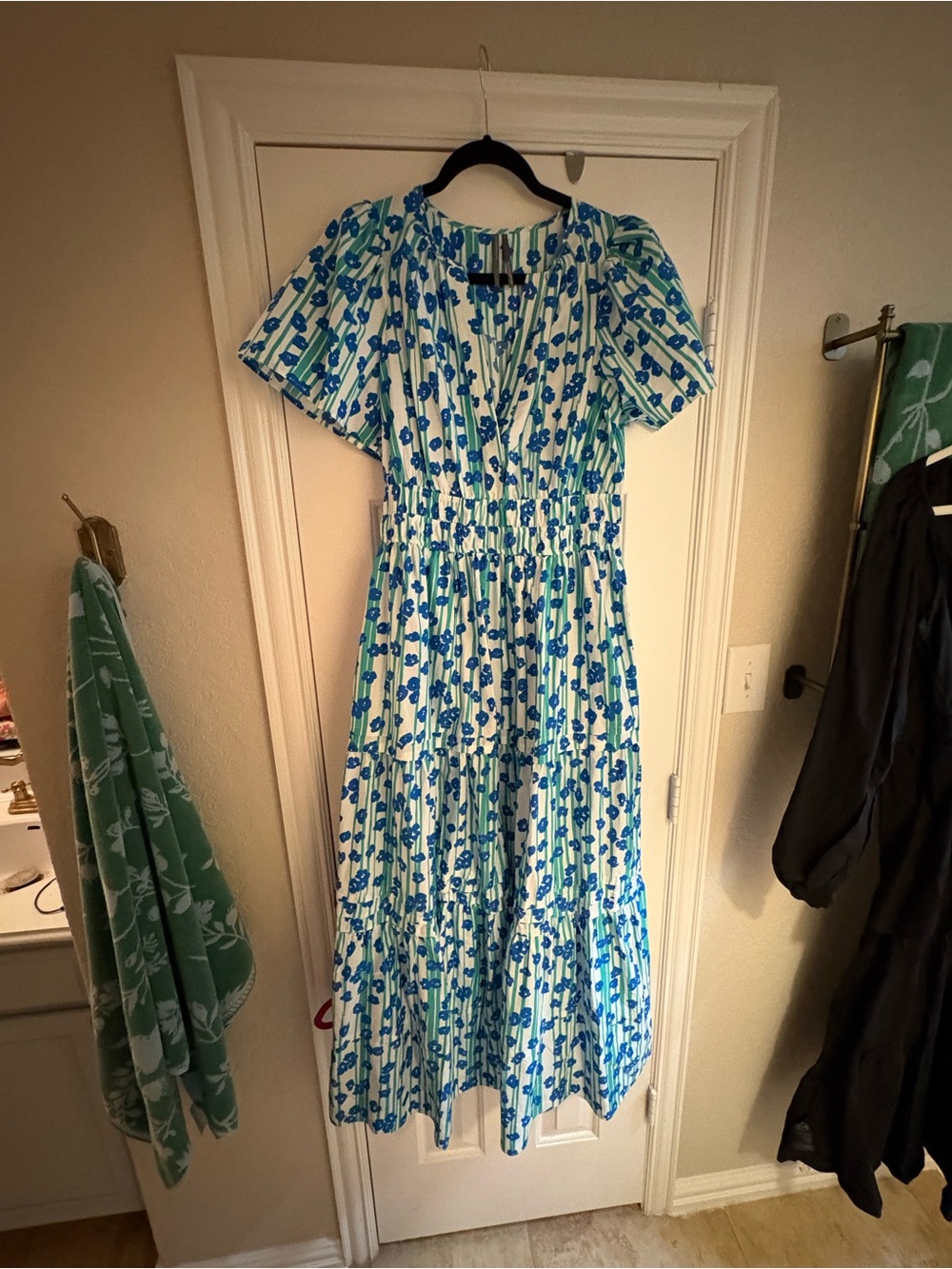 Anthropologie White and Blue Floral Puff-Sleeve Maxi Dress